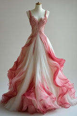 Gradient Pink A-Line V Neck Tulle Long Prom Dresses,Gradient Pink Formal Party Dress ED01200