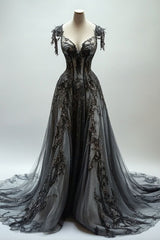 Black A-line V-neck Lace Tulle Sequin Long Prom Dress, Black Vintage Formal Dress ED01235