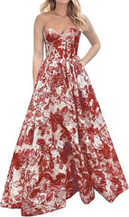 Pink A-Line Sweetheart Floral Printed Long Prom Dresses ED01313