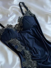 👑 Elegant Midnight Blue Prom Dress for Vegas Pool Party Party🌟 Delicate Lace Appliques Satin Evening Gown ED01319