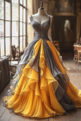 Vintage A-Line Tulle V-neck Long Ball Gown, Spaghetti Straps Formal Evening Gown ED01354