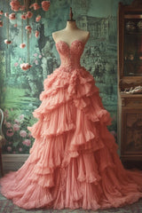 Peach Vintage A-line Sweetheart Neck Long Ball Gown Sweet Beaded Applique Dress ED01371