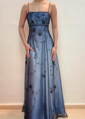 Elegant Spaghetti Straps Imperial Long Prom Dresses Satin Chiffon Beaded Blue Evening Dresses Sleeveless Formal Dresses DP04078