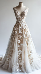 💍Retro A-line V-neck Tulle 3D Applique Wedding Dress Simple Beaded Ball Gown ED01411