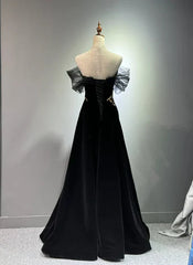 Black A-line Off Shoulder Tulle Velvet Long Prom Dress,Sequin Formal Evening Dress ED01420