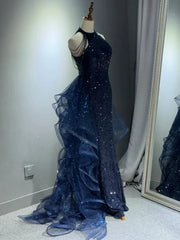 A-Line 🩵Midnight Blue Long Prom Dress for Quinceanera&Graduation -Halter Tulle&Sequin Formal Evening Dress ED01427