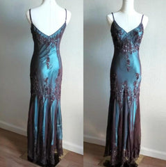 Modest vintage Prom Dress Spaghetti Straps  Blue 🩵Chiffon Sheath Evening Dress with Beading ED01469