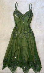 Modest vintage Prom Dress Spaghetti Straps  Blue 🩵Chiffon Sheath Evening Dress with Beading ED01469
