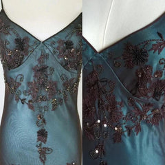 Modest vintage Prom Dress Spaghetti Straps  Blue 🩵Chiffon Sheath Evening Dress with Beading ED01469