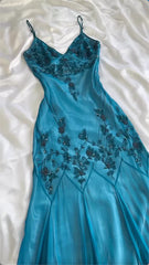Modest vintage Prom Dress Spaghetti Straps  Blue 🩵Chiffon Sheath Evening Dress with Beading ED01469