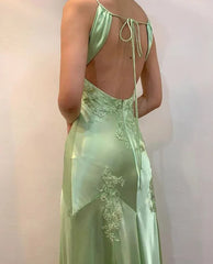 Chic A Line Satin Backless Prom Dresses- Vintage Spaghetti Straps Green Long Evening Gown for Wedding&Special Ocassion   ED01470