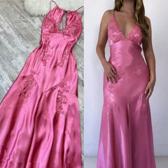 Chic A Line Satin Backless Prom Dresses- Vintage Spaghetti Straps Green Long Evening Gown for Wedding&Special Ocassion   ED01470