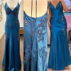 Chic A Line Satin Backless Prom Dresses- Vintage Spaghetti Straps Green Long Evening Gown for Wedding&Special Ocassion   ED01470