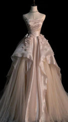 Sweet Pink💗 A-line Tulle&Satin Prom Dress for Events Long Strapless Applique Wedding Dress ED01476