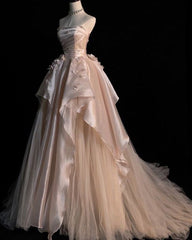 Sweet Pink💗 A-line Tulle&Satin Prom Dress for Events Long Strapless Applique Wedding Dress ED01476