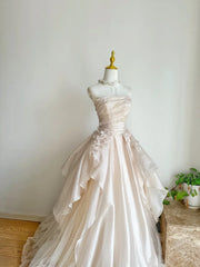 Sweet Pink💗 A-line Tulle&Satin Prom Dress for Events Long Strapless Applique Wedding Dress ED01476