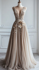 A-line Deep V Neck Tulle Applique Long Ball Gown Bridesmaid Dress ED01478