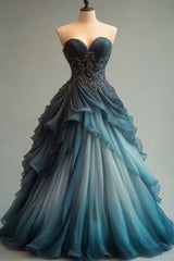 A-line Sweetheart Neck Tulle Beaded Long Ball Gown Elegant Evening Dress ED01487