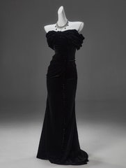 Black Mermaid Off-the-shoulder Velvet Long Prom Dress, Elegant Quinceanera Dress ED01490