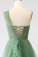 Dark Green A-Line One-Shoulder sequins Tulle Long Prom Dress ED01492