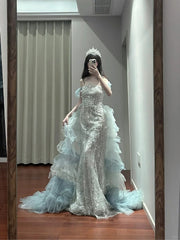 Mermaid Off-the-shoulder Tulle Sequin Long Ball Gown, Elegant Rhinestone Evening Gown ED01497