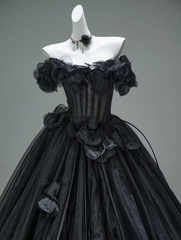 Black A-line Off-the-Shoulder Tulle 3D Applique Long Prom Dress,Adult Ceremony Graduation Prom Dress ED01498