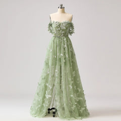 Sage Green A-Line Tulle Spaghetti Straps 3D Butterfly Long Prom Dress Sweet Adult Graduation Prom Dress  ED01518