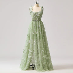 Sage Green A-Line Tulle Spaghetti Straps 3D Butterfly Long Prom Dress Sweet Adult Graduation Prom Dress  ED01518
