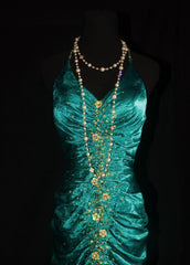 Turqoise Mermaid Halter Satin Beaded Long Prom Dress Retro V-neck Rhinestone Evening Gown ED01525