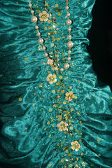 Turqoise Mermaid Halter Satin Beaded Long Prom Dress Retro V-neck Rhinestone Evening Gown ED01525