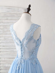 Sky Blue A-line V Neck Applique Chiffon Long Prom Dress Lace Spaghetti Strap Bridesmaid Dress ED01553