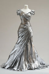 Silver Mermaid V-neck Long Prom Dress Simple Simple Formal Evening Dress ED01557