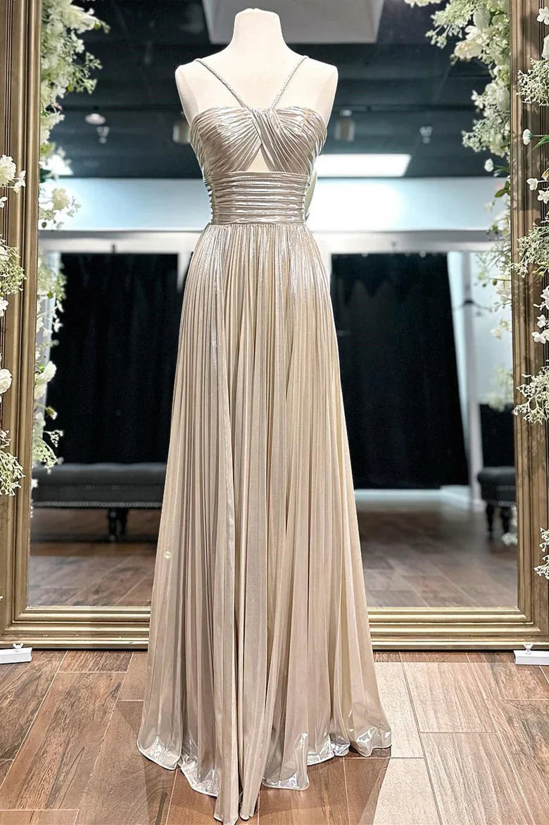 Metallic A-line Spaghetti Strap Long Prom Dress with Slit ED01567