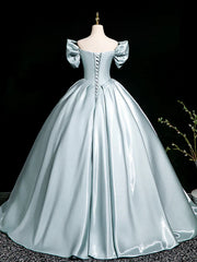 A-Line V Neck Satin Blue Long Prom Dress, Blue Long Formal Dress ED01572