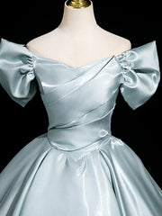 A-Line V Neck Satin Blue Long Prom Dress, Blue Long Formal Dress ED01572