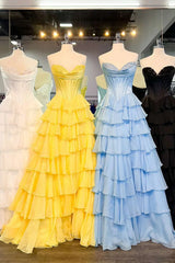 Lovely Yellow A-Line Sweetheart Long Tiered Prom Dress with Slit ED01576