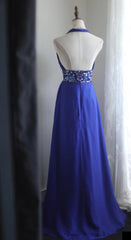 Royal Blue A-Line Halter Chiffon Satin Long Prom Dress V-neck Beaded Birthday Party Dress  ED01581