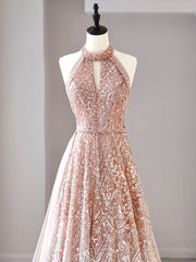 A-Line Halter Neck Sequined Tulle Long Prom Dress, Formal Evening Dress ED01614