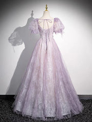 Sweet Lilac A-Line Sweetheart Tulle Beaded Long Prom Dress Puffy Sleeves Graduation Dress ED01619