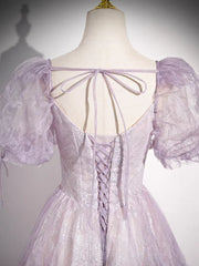 Sweet Lilac A-Line Sweetheart Tulle Beaded Long Prom Dress Puffy Sleeves Graduation Dress ED01619