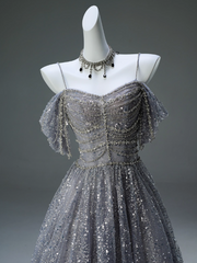 A-Line Spaghetti Strap Mesh Sequin Long Prom Dress Graduation Prom Adult Ceremony Dress ED01626