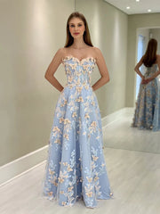 A-Line Sweetheart Neck Tulle Lace Blue Long Prom Dress Graduation Prom Dress ED01631