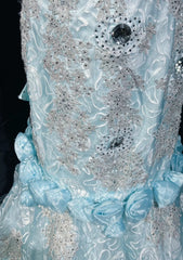 Sky Blue Mermaid Spaghetti Straps Organza Diamond Long Prom Dress Lace Floral Evening Gown ED01638