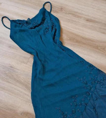 Teal Spaghetti Strap Chiffon Beaded Appliqué Long Prom Dress Evening Dress ED01656