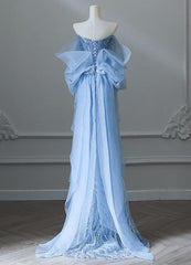 Sky Blue Mermaid Strapless Tulle Beaded Long Prom Dress Elegant Wedding Dress ED01661