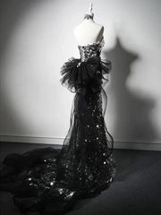 Modest Silver Mermaid Strapless Sequin Tulle  Long Prom Dress Formal Evening Dress ED01680