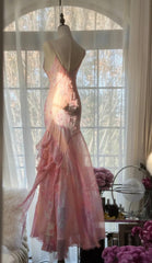 💕Fairytale Pink Mermaid Gown for Prom&Party-Vintage Spaghetti Strap Chiffon Beaded Long Evening Dress ED01690