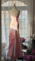 💕Fairytale Pink Mermaid Gown for Prom&Party-Vintage Spaghetti Strap Chiffon Beaded Long Evening Dress ED01690