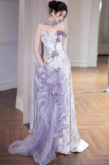 Elegant Purple Mermaid Strapless Satin Tulle Long Prom Dress Applique Evening Gown ED01693