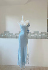 Gentle Blue Bodycon Dress Spaghetti Strap Chiffon Long Prom Dress Graduation Prom Dress ED01694